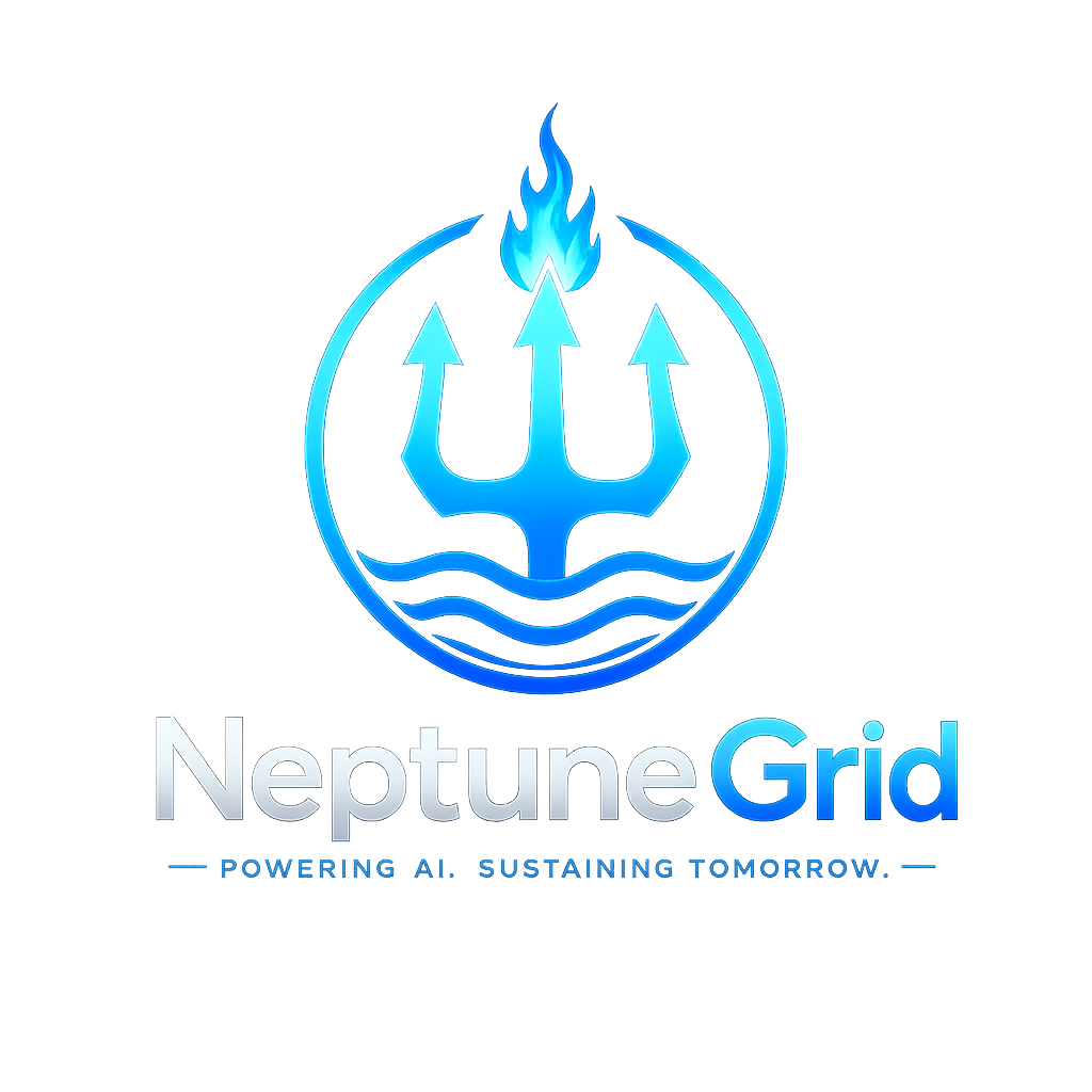 Neptune Grid logo — blue trident brand mark with tagline and process diagram